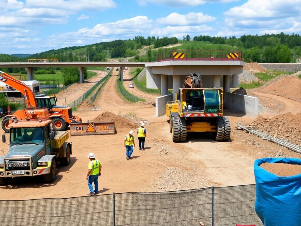 Șantier de construcție modern în România cu muncitori.