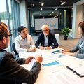 Profesioniști în discuții despre fiscalitate într-un birou modern.