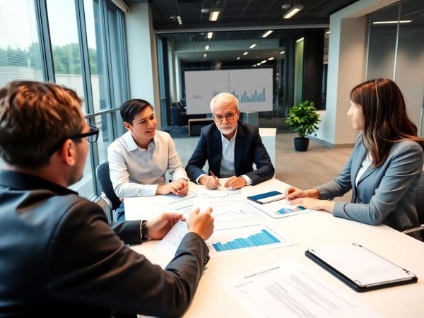 Profesioniști în discuții despre fiscalitate într-un birou modern.
