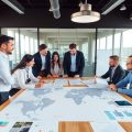 Echipă corporativă discutând strategii de extindere în birou.